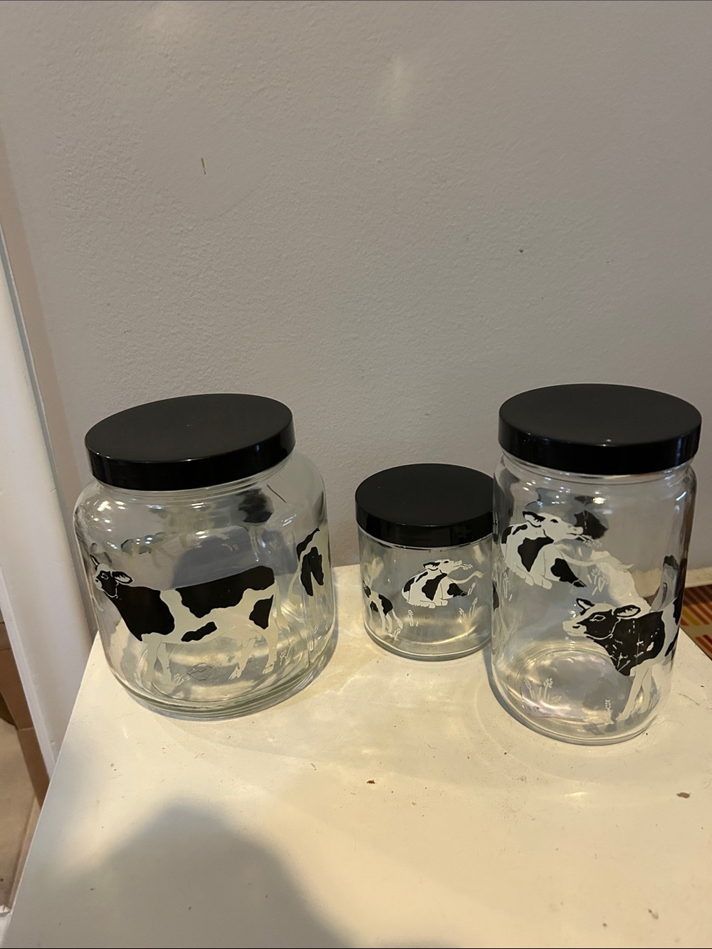 Set of 3 vintage cows glass storage jars cottage core !